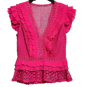 SAYLOR Pink Peplum Eyelet Blouse Ruffled Flutter Romantic XS Statement Top